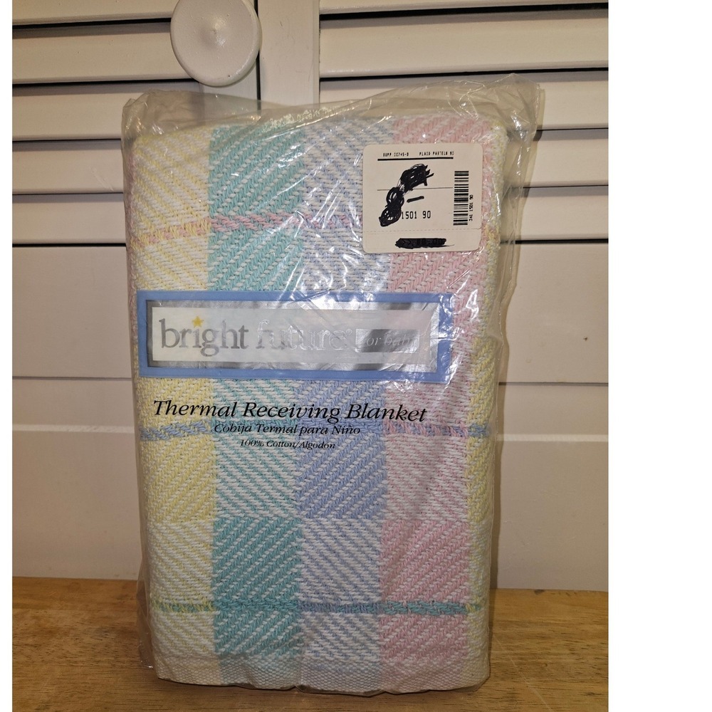 Bright Future Baby Thermal Receiving Blanket Pastel Plaid 100% Cotton 30x40 NIP